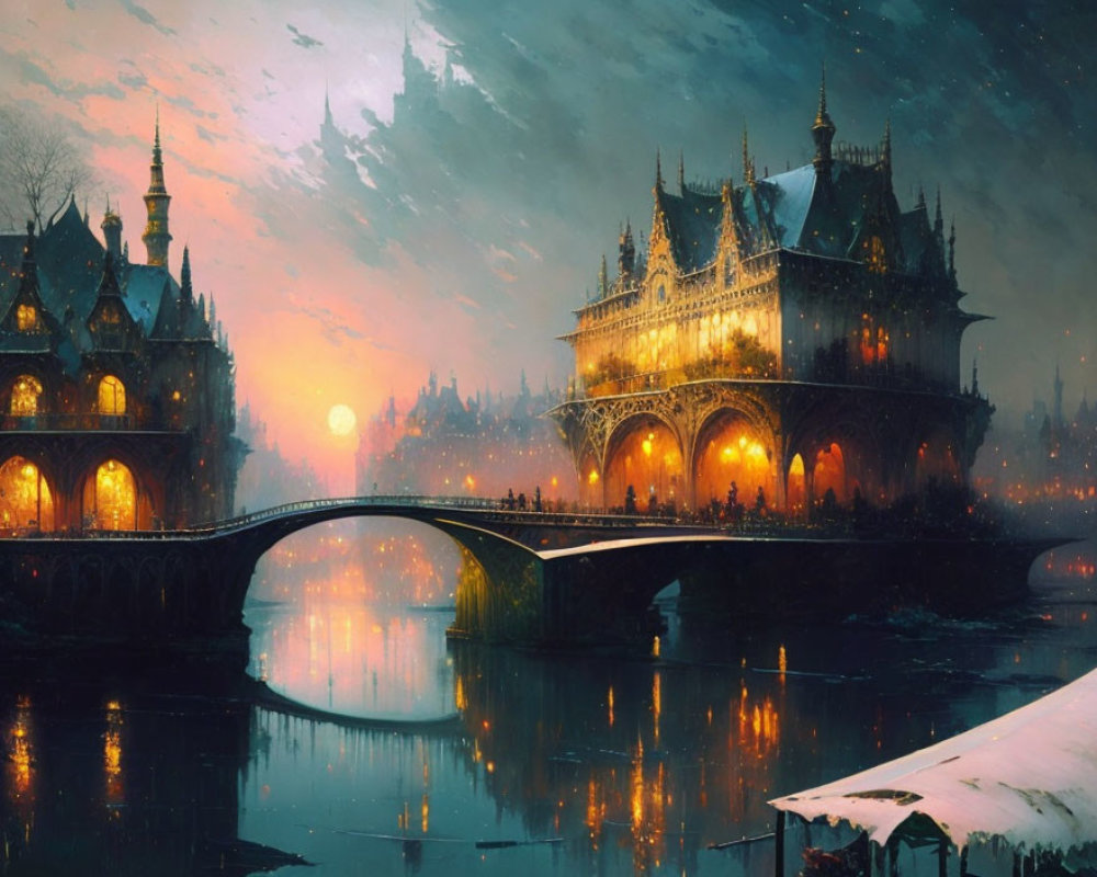 Twilight scene of ornate bridge and castle by river at sunset
