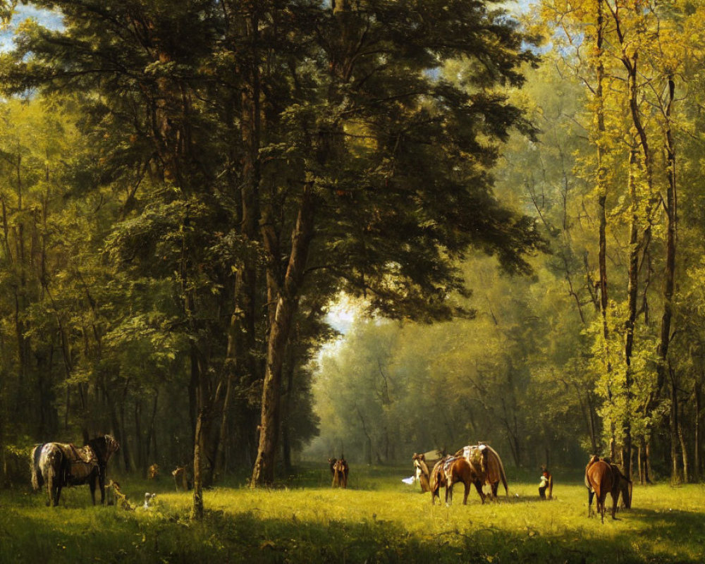 Tranquil forest scene with sunlight, grazing horses, and small dog