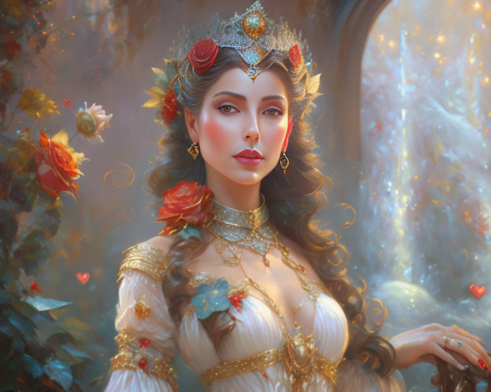 Regal woman with crown in dreamy garden with red flowers