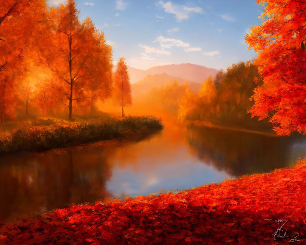 Autumn landscape: vibrant foliage, calm river, gentle mountains