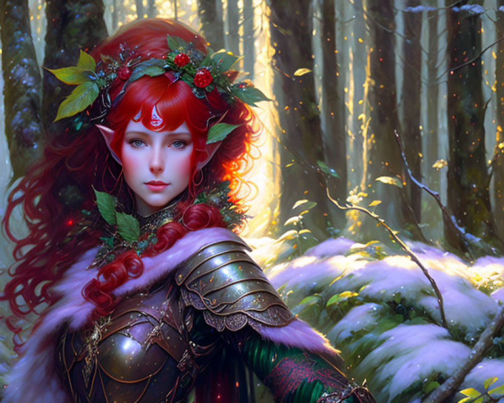 Red-haired female character in armor with floral crown in mystical forest