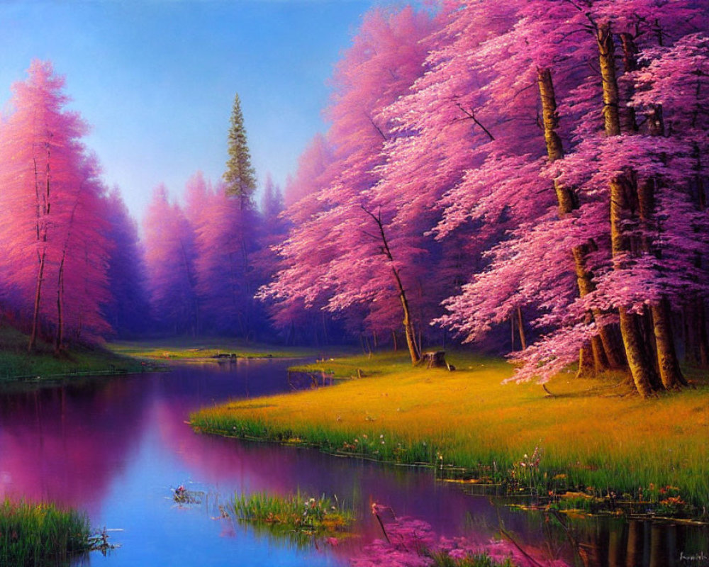Tranquil landscape with river, cherry blossoms, grass, and forest