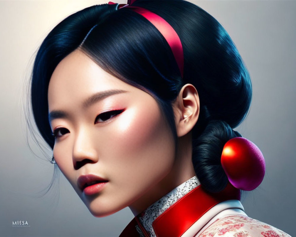 Woman with glossy hairstyle, red ribbon, porcelain skin, striking makeup, and high-collar dress