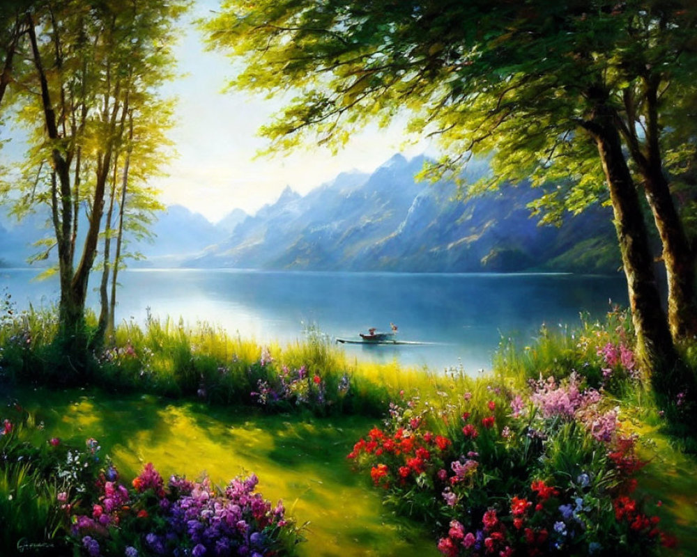 Tranquil landscape with lake, boat, trees, flowers & mountains