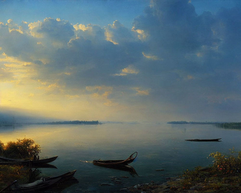 Tranquil dusk river scene with moored boats and dramatic sky
