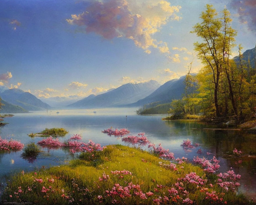 Tranquil landscape: lake, mountains, pink flowers, autumn trees, cloudy sky