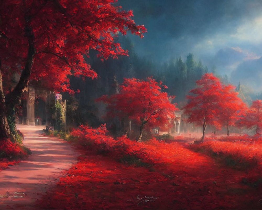 Tranquil landscape with red trees, arched entrance, mist, forest, and soft sky