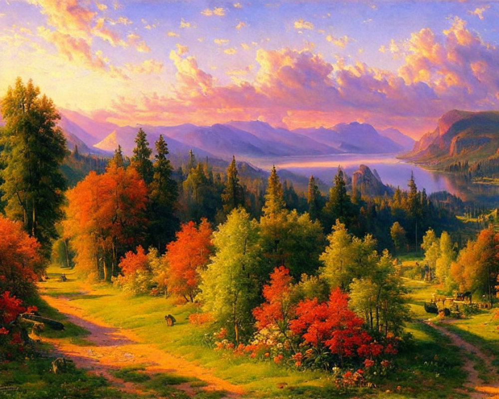 Serene lake landscape with autumn forest and pastel sunset