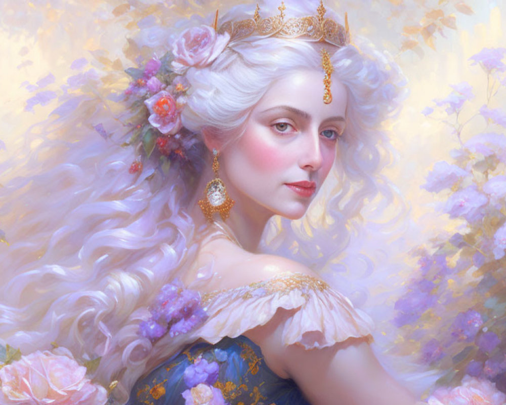 Regal woman with white hair, golden crown, vintage attire, and pastel flowers.