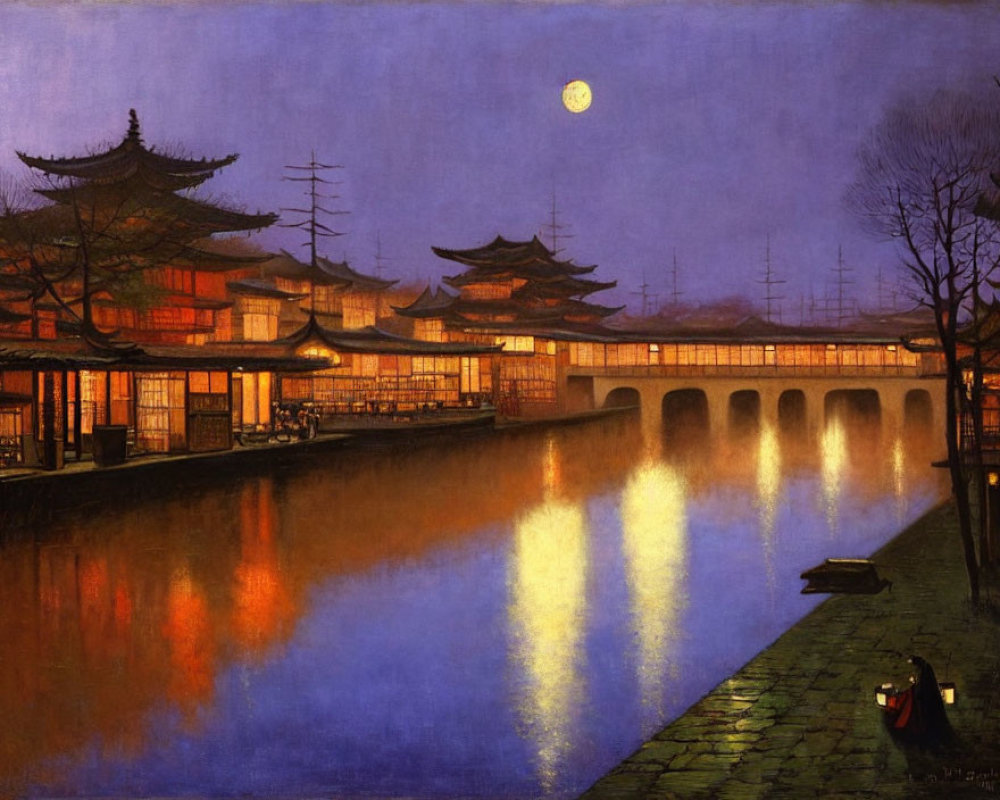 Traditional Asian architecture reflected on calm river under full moon.