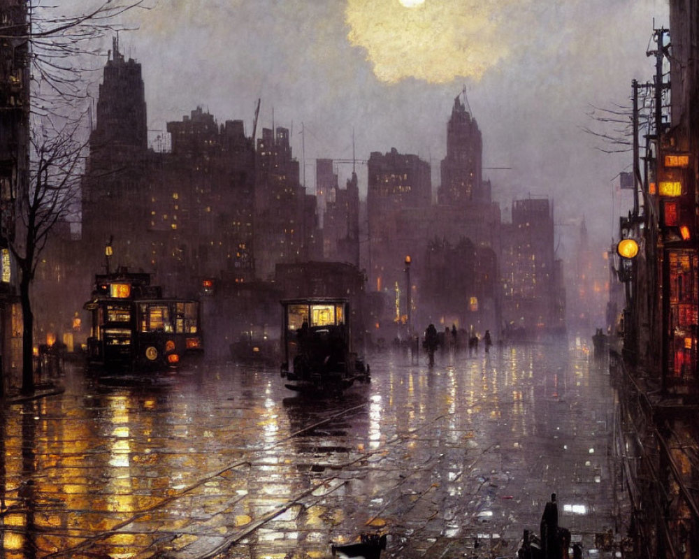 Bustling city scene: rainy evening, wet streets, streetlights, trams, building sil