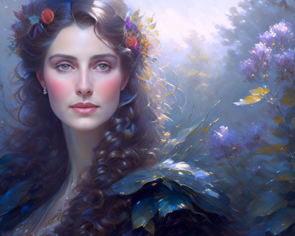 Woman with Long Wavy Brown Hair and Flowers in Digital Painting