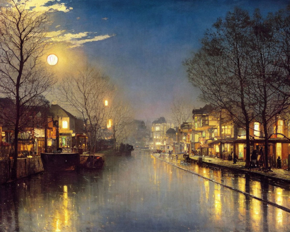 Serene twilight scene with boats on a waterway and illuminated traditional houses under a moonlit sky