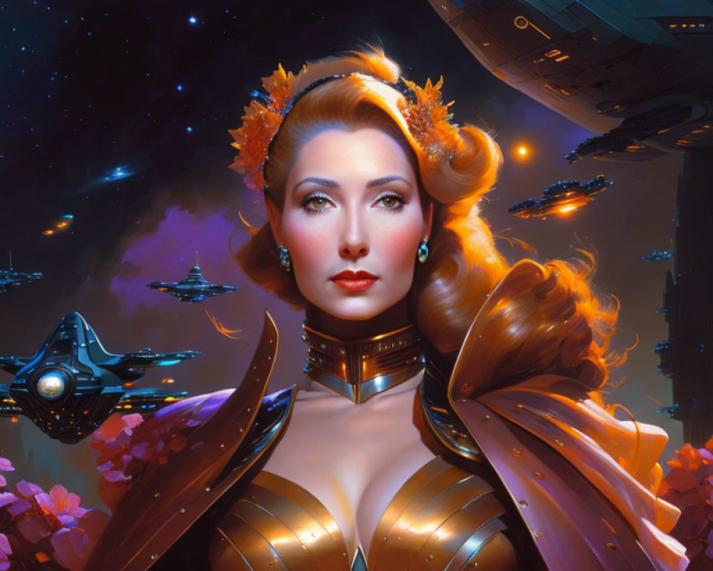 Golden-haired woman in futuristic armor with orange flowers, space setting and ships