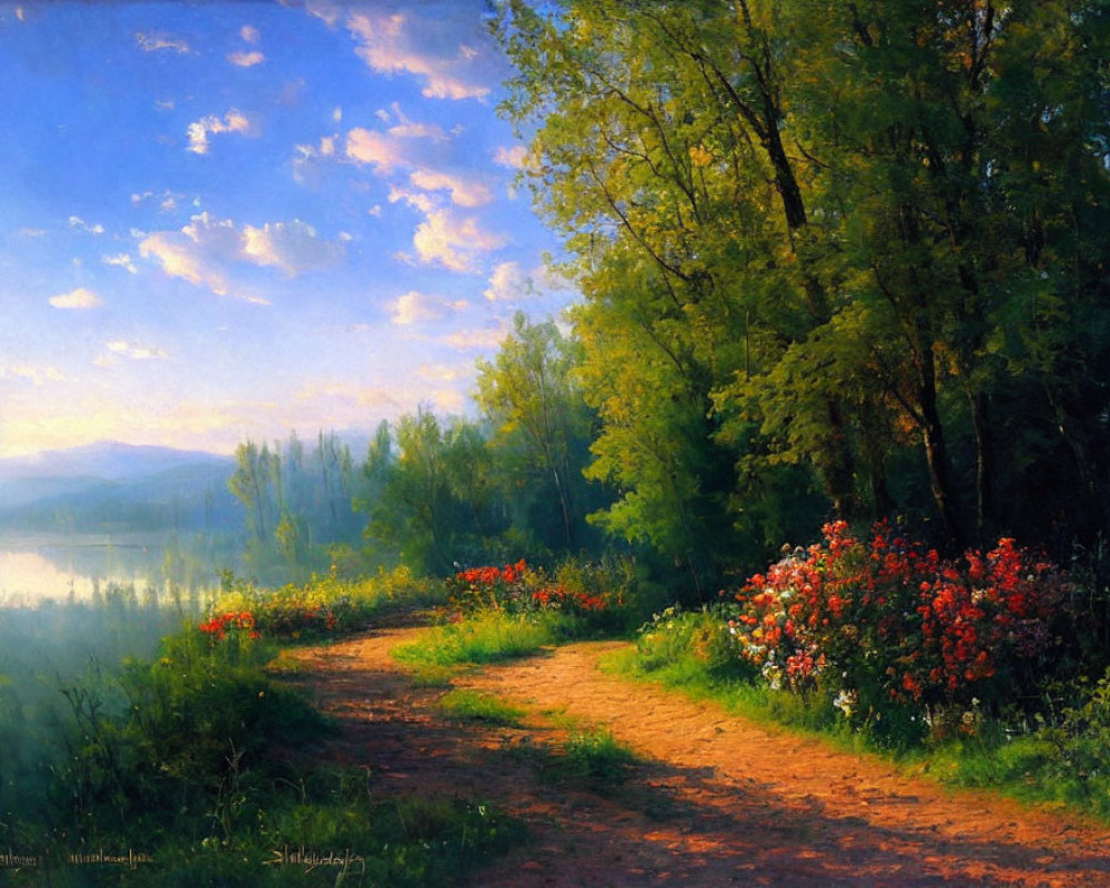 Tranquil landscape painting: Winding path, vibrant flowers, lush trees, misty lake at