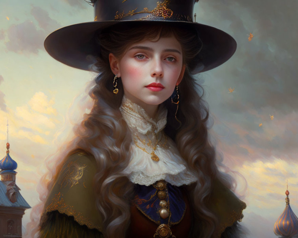 Victorian-era woman in detailed attire against cloudy sky with architecture and birds