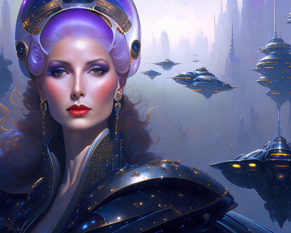 Purple-haired woman in futuristic attire among floating cities & spaceships