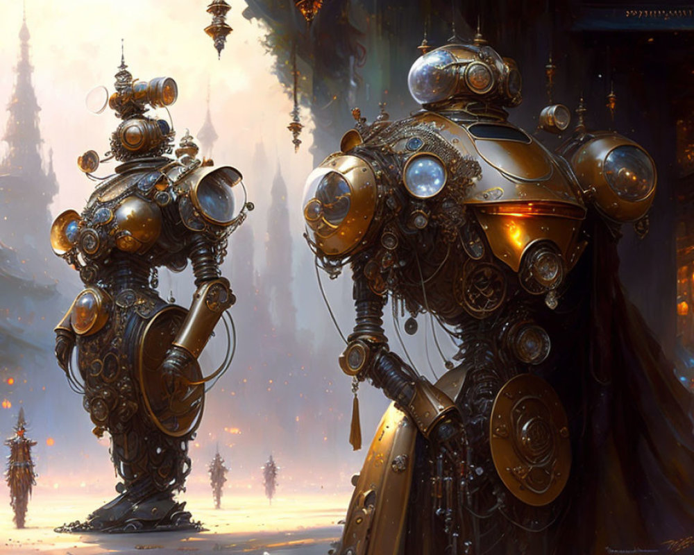 Steampunk robots with brass and gear details in cityscape.