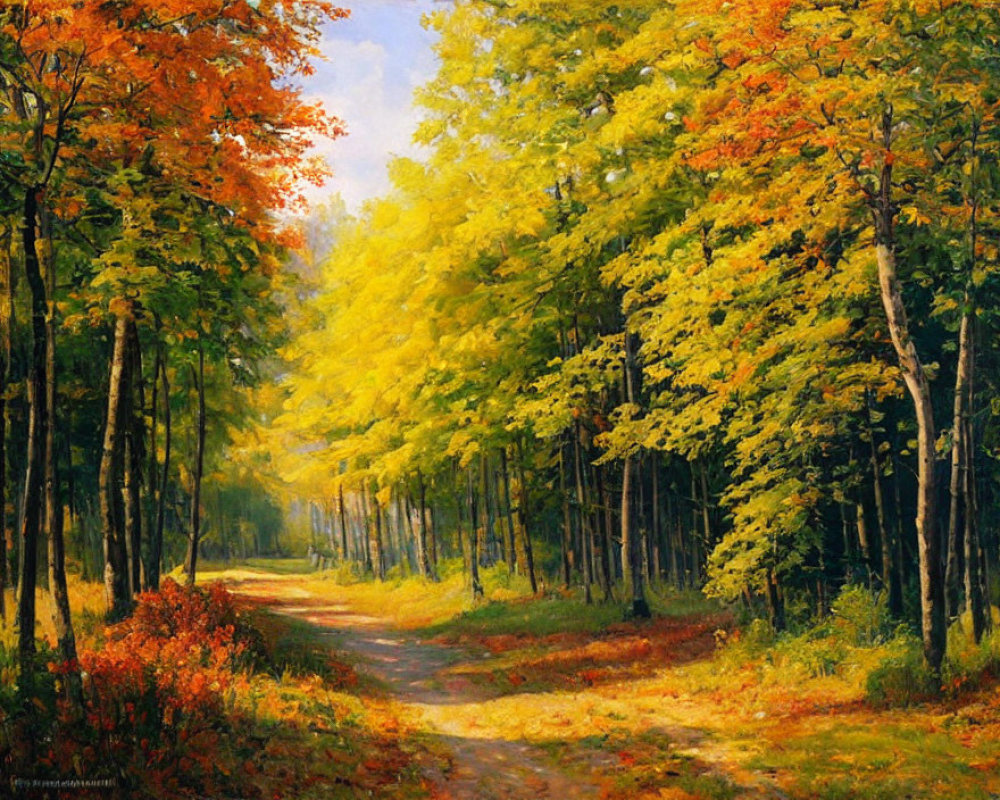 Tranquil Autumn Forest Path with Vibrant Tree Colors