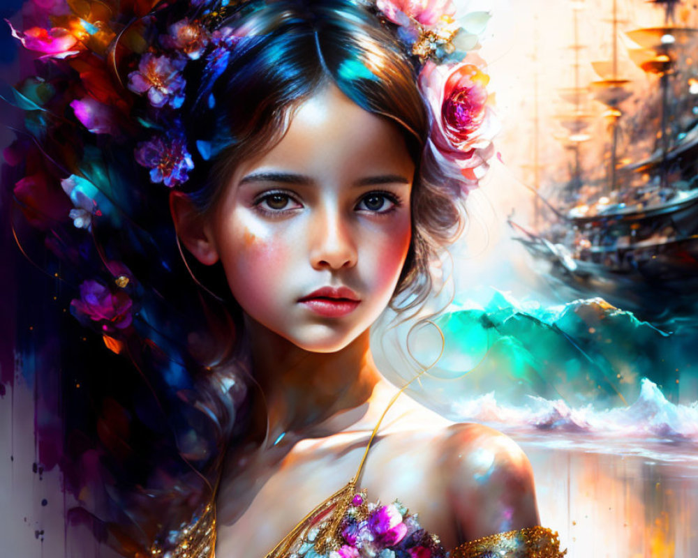 Young girl fantasy portrait with floral crown, wavy hair, and nautical theme.