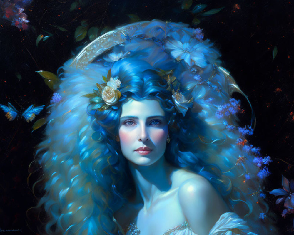 Fantastical portrait of woman with blue hair, flowers, butterflies, starry night.