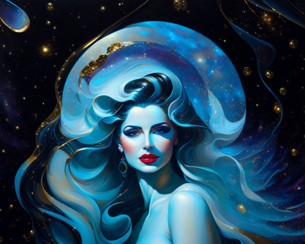 Celestial-themed digital painting with flowing hair and stars
