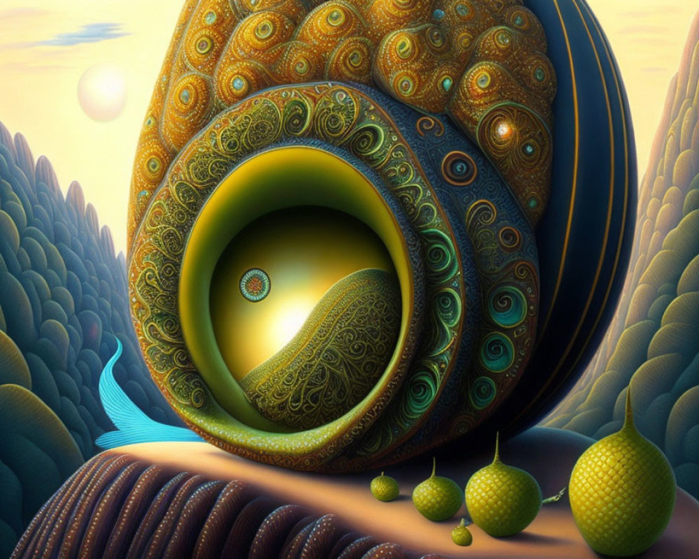 Fractal patterns in surreal landscape with eye-like structure