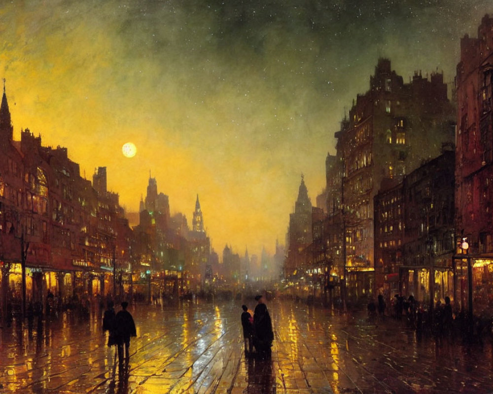 City street at night: vibrant painting of moonlit scene
