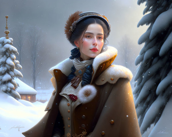 Woman in Vintage Winter Coat and Hat in Snowy Landscape with Cabin