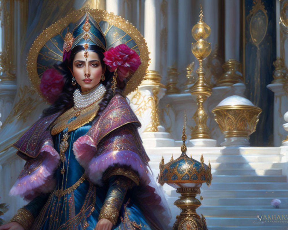 Regal woman in traditional attire with crown and palace decor.