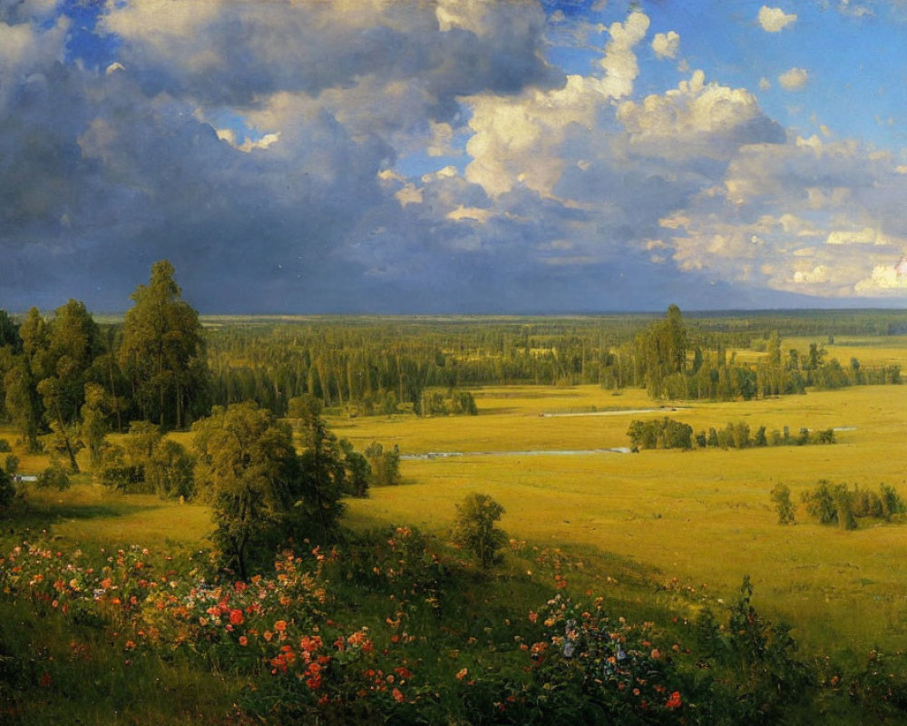 Vibrant wildflowers, green fields, dense forests, dynamic sky landscape