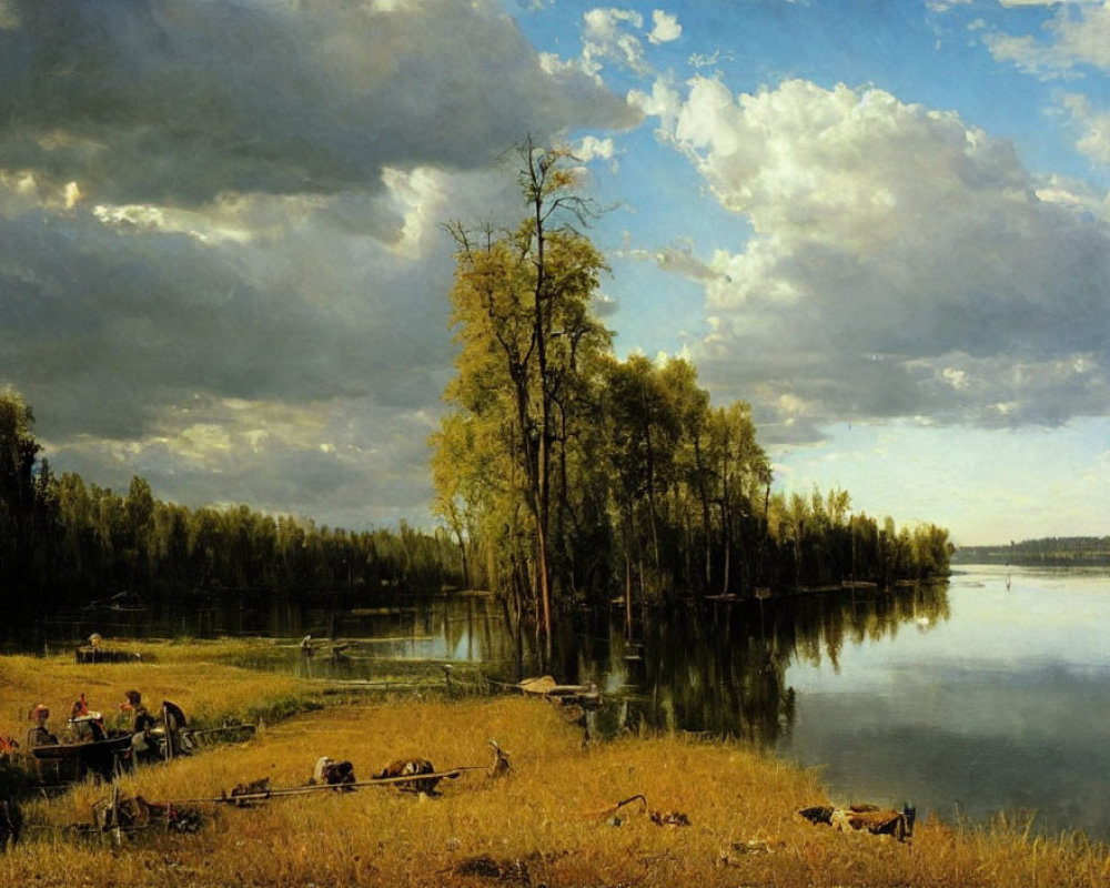 Tranquil landscape with river, trees, sky, and people by water's edge