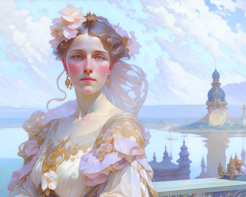 Woman in floral headpiece and vintage dress by balcony with fantastical seascape