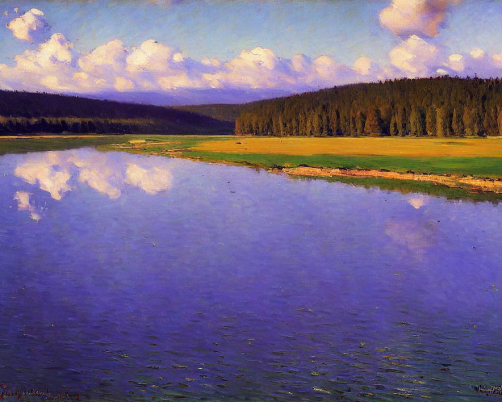 Tranquil landscape with vast blue lake, lush greenery, and cloudy sky