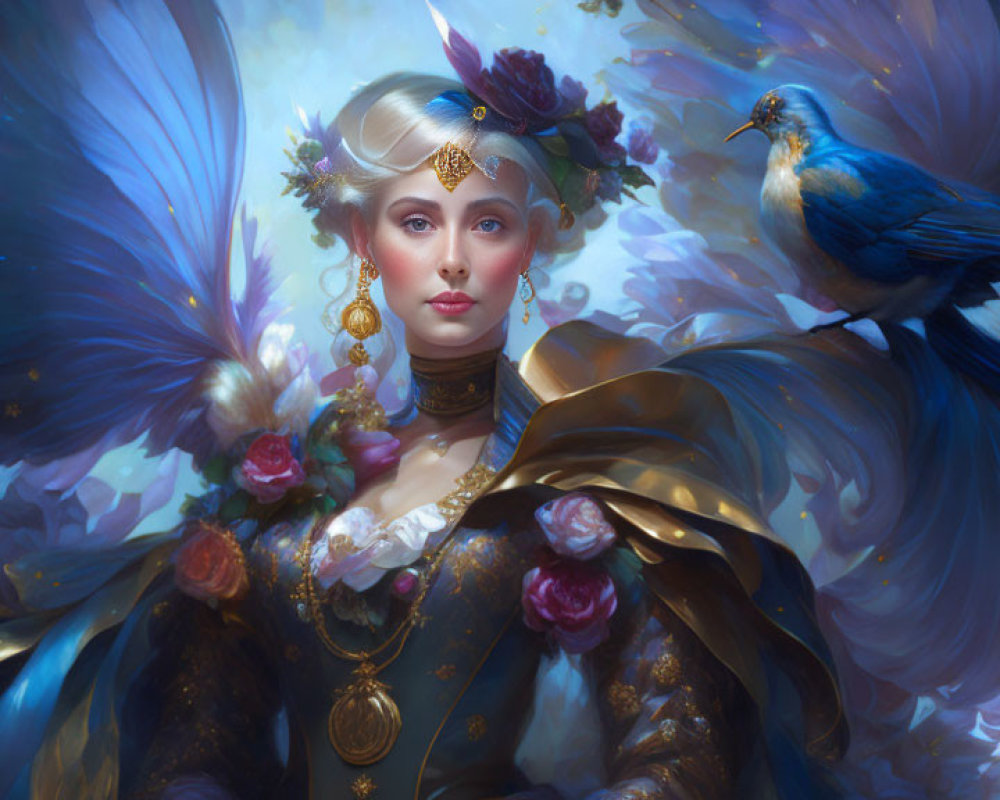 Ethereal woman in ornate clothing with blue feathered wings and gold jewelry, accompanied by blue