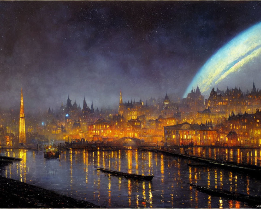 Nighttime cityscape with illuminated buildings, reflective river, boats, bridge, and starry sky with