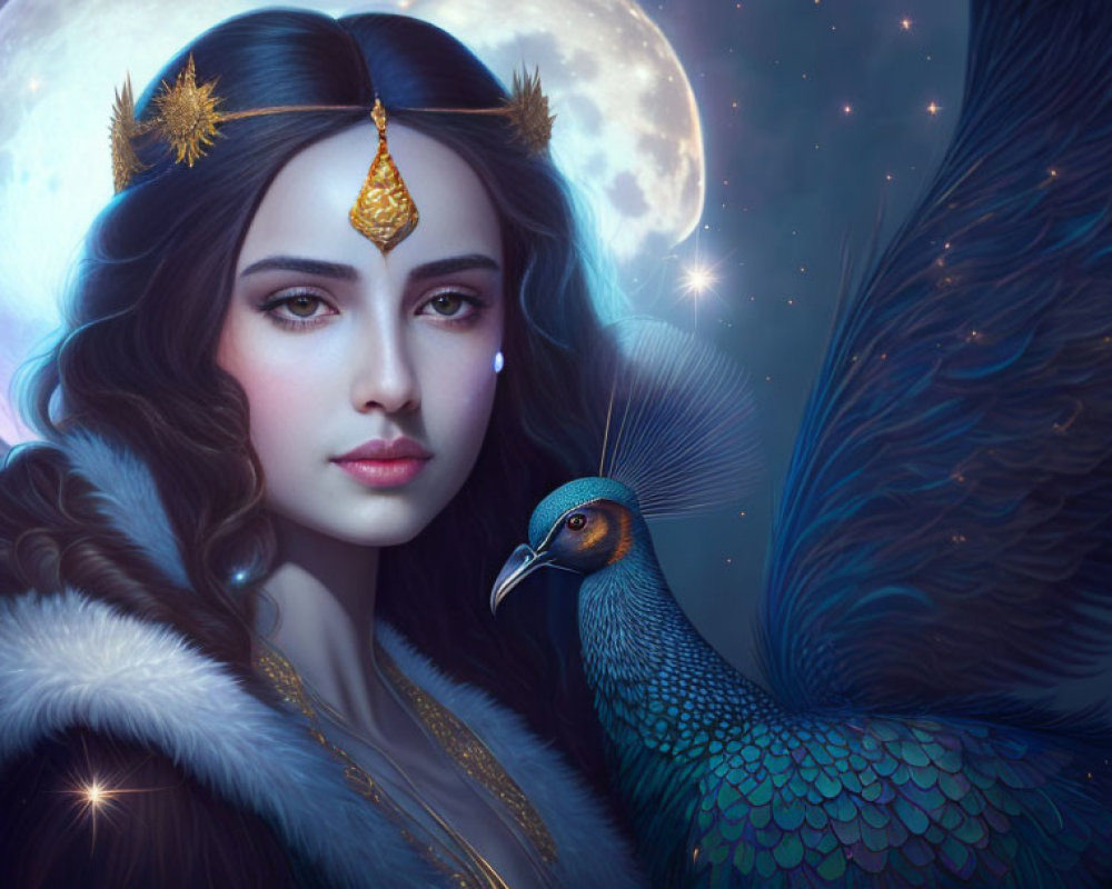 Fantastical portrait of woman with crescent moon tiara and peacock under starry sky