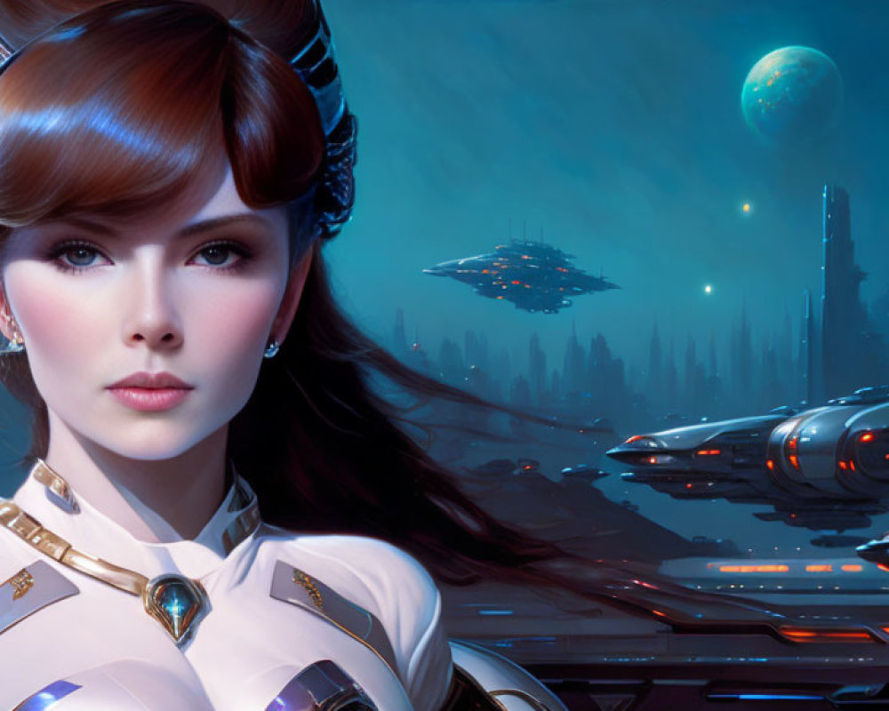 Futuristic female figure in sci-fi attire with headphones and cityscape backdrop
