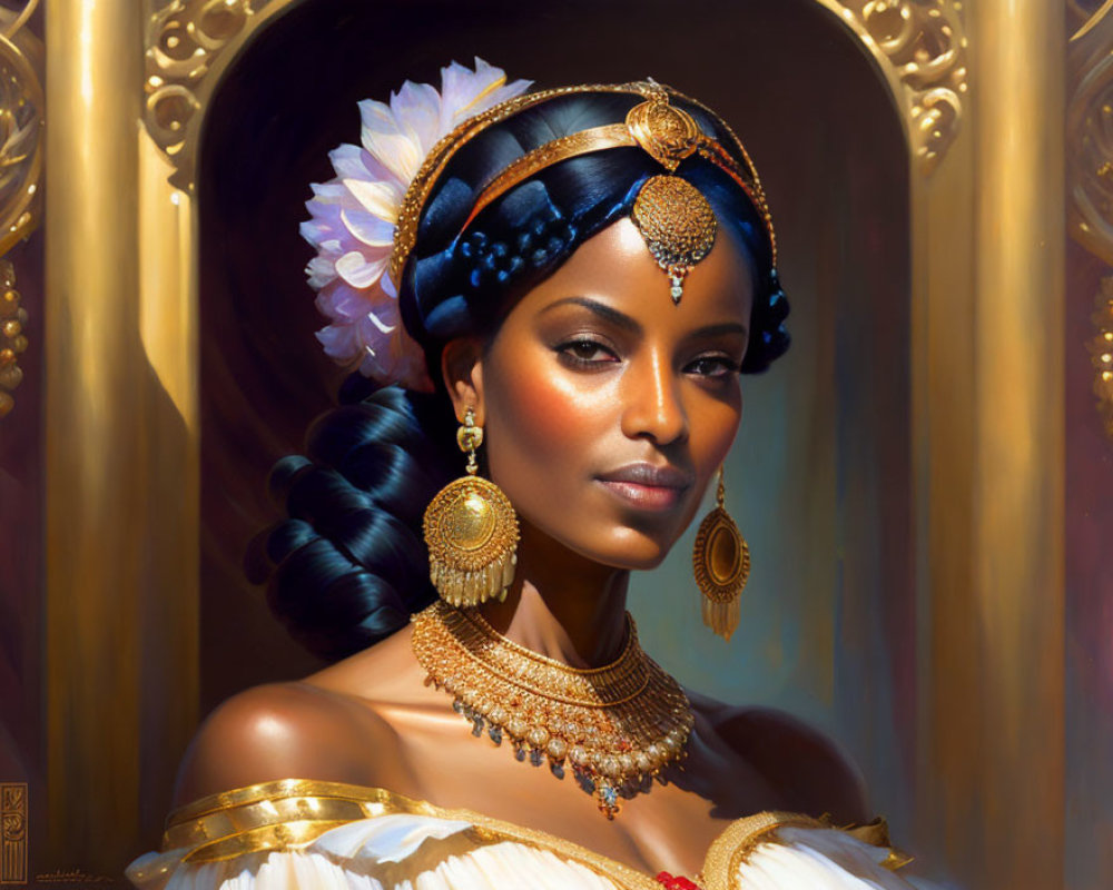 Elegant woman in headpiece and gold jewelry with serene gaze against golden ornate backdrop