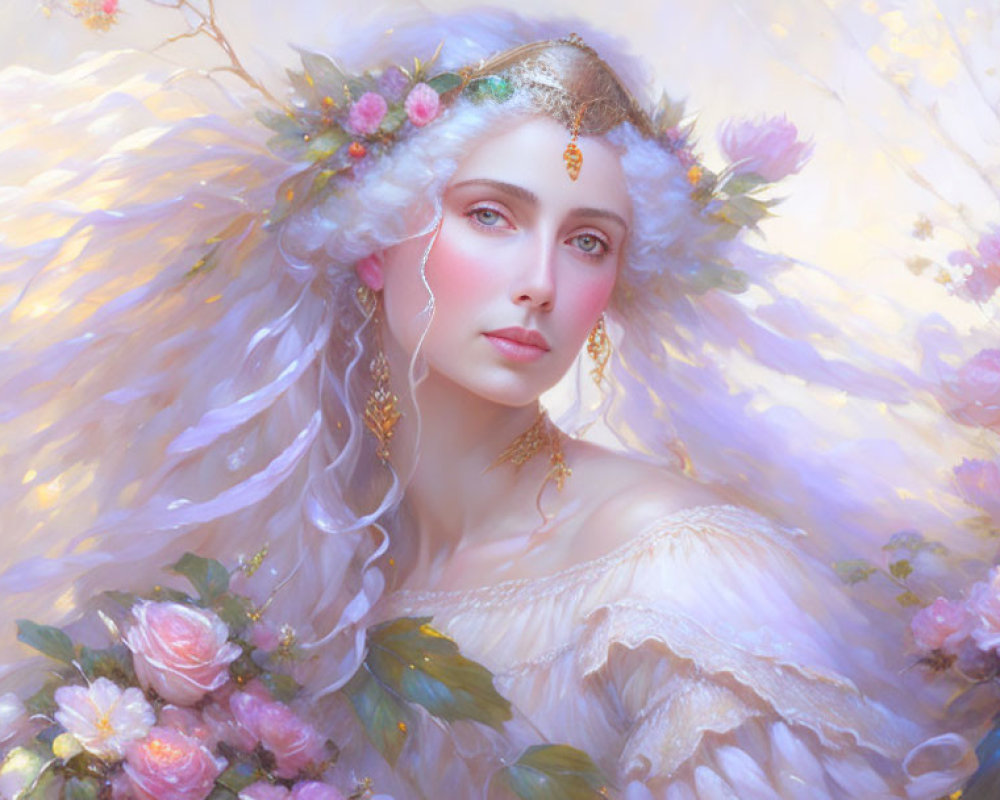 Ethereal woman portrait with flower crown and gold jewelry