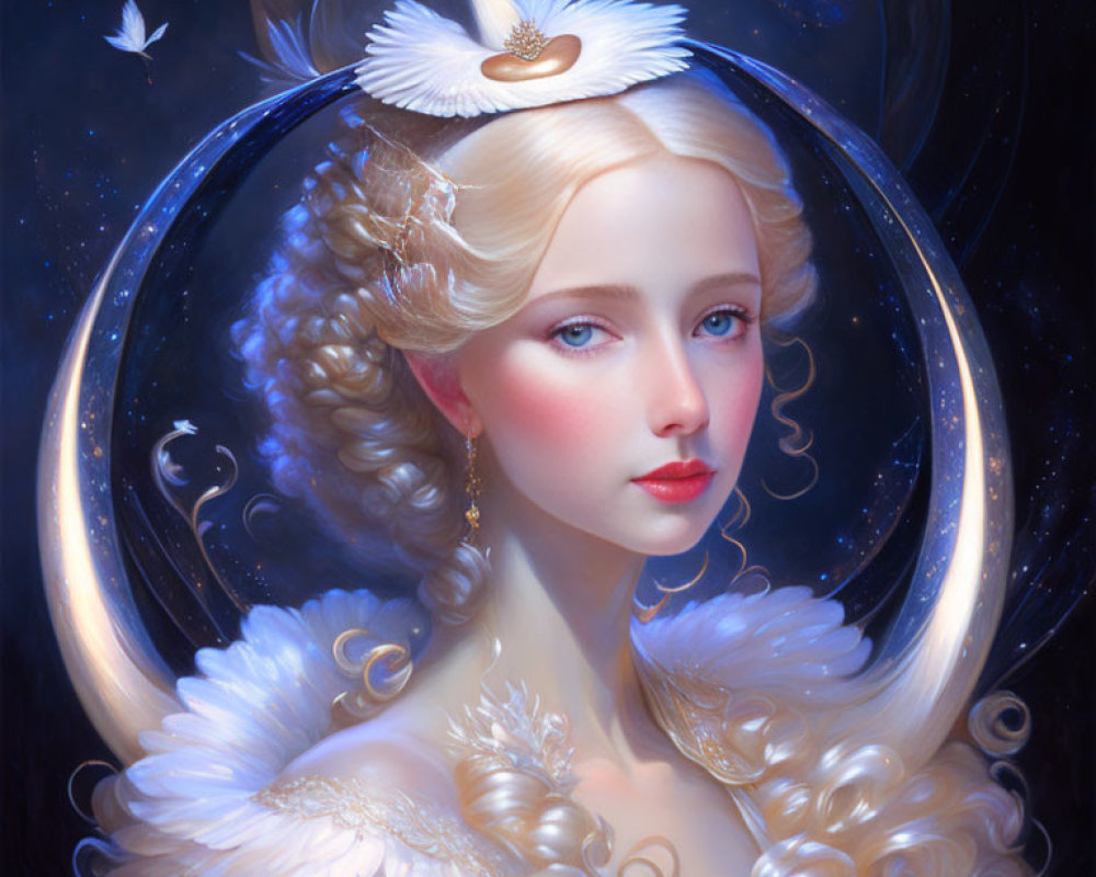 Portrait of woman with pale skin, golden curls, feathered dress, swan headdress, lumin