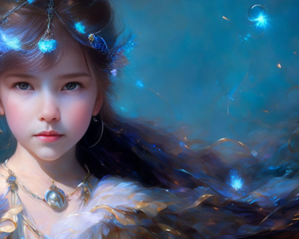 Fantasy-themed digital art portrait of young girl with blue flowers and mystical light effects