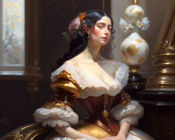 Floral Hairpiece Woman in Ornate Golden Dress