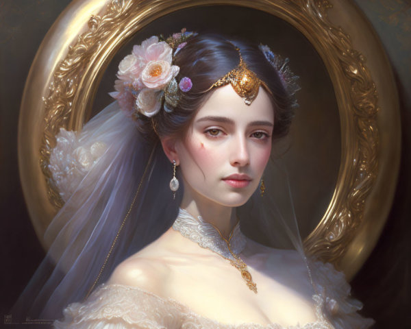Elaborate headdress portrait with floral and jewelry adornments in golden oval frame