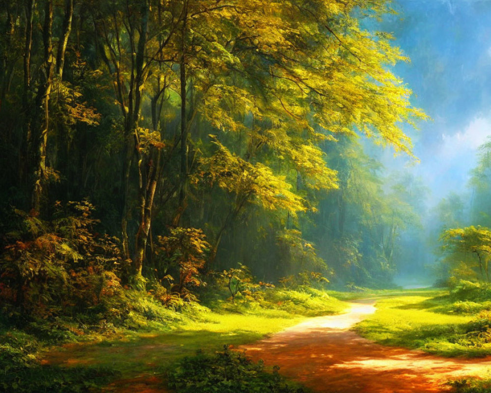 Tranquil forest path with sunrays, vibrant greenery, and subtle mist
