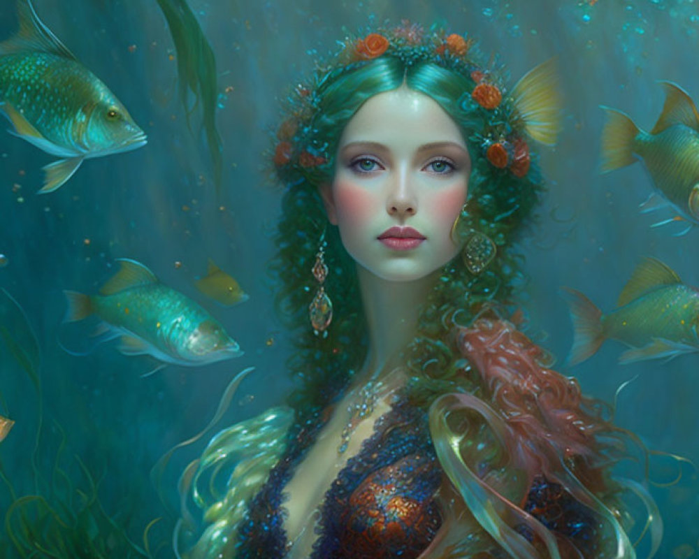 Mermaid with coral adornments and red hair in serene underwater scene