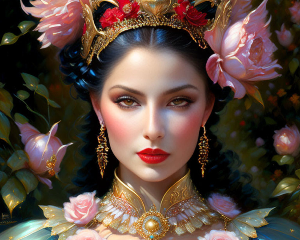 Elaborate golden crown on woman among pink roses and red details