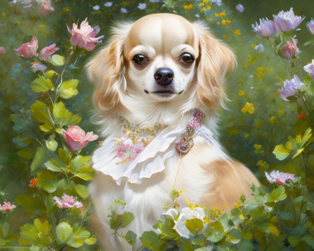Chihuahua adorned with jewels and lace in lush garden scene