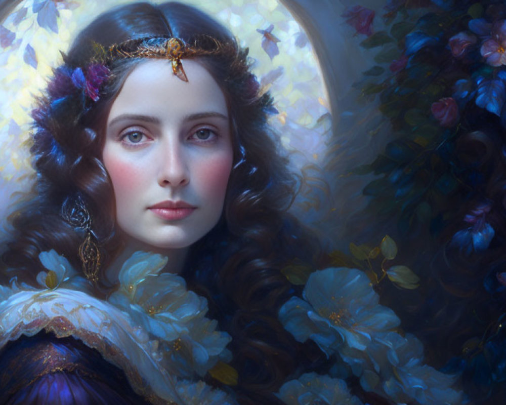 Woman with tiara and blue flowers in soft-focus painting