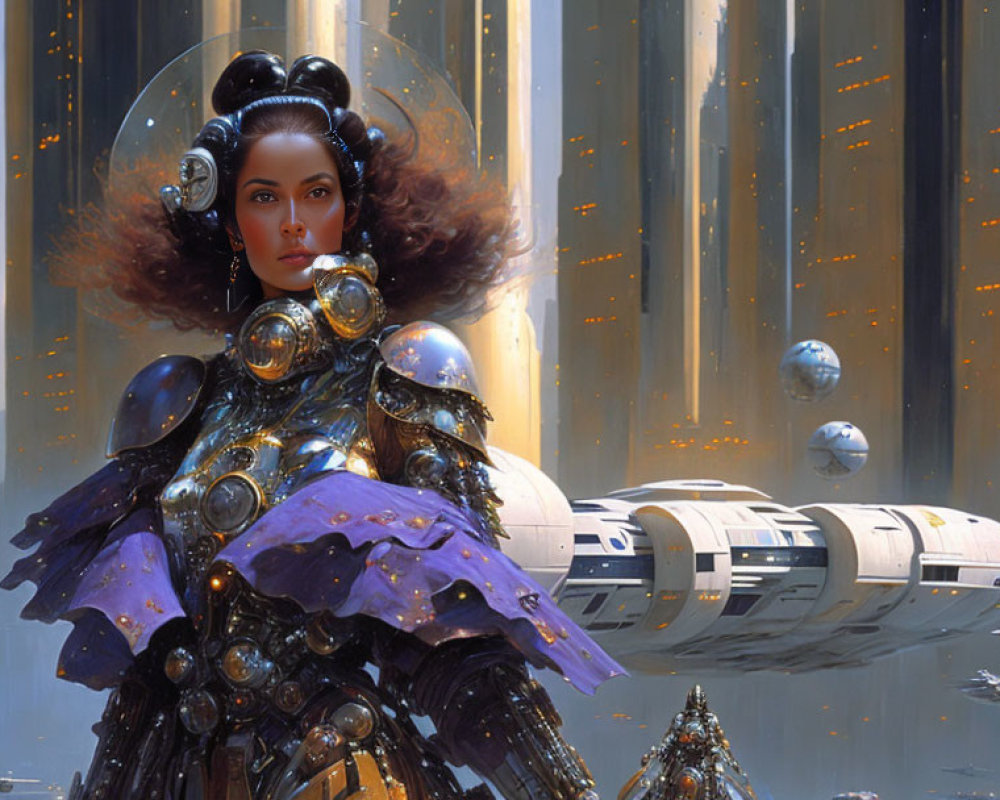 Futuristic female figure in elaborate armor amid towering structures